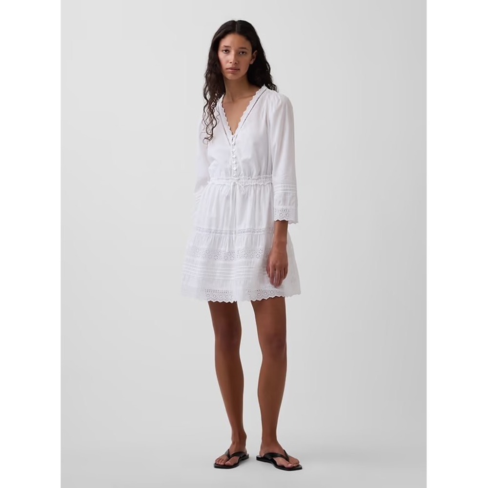 Gap Women White Eyelet Lace V-Neck Mini Dress Drawstring Waist L 877895-02-1